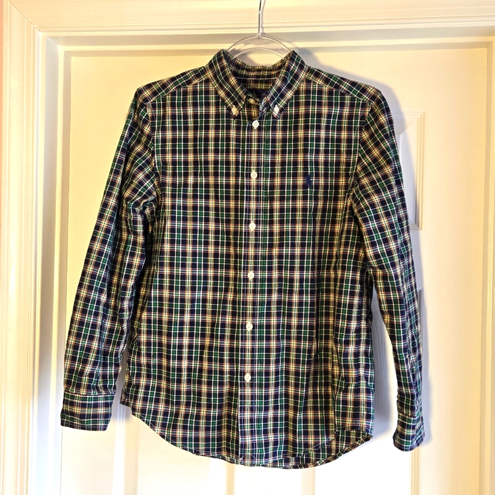 POLO Ralph Lauren Navy Blue Green Plaid Button-down‎ Shirt Boy's Size L 14-16
